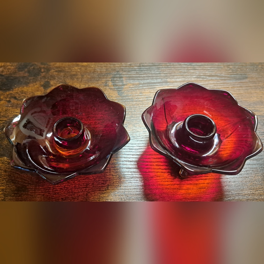 Vtg Pair Fenton Ruby Amberina Glass Lotus Flower 3 Footed Candle Holders (2)